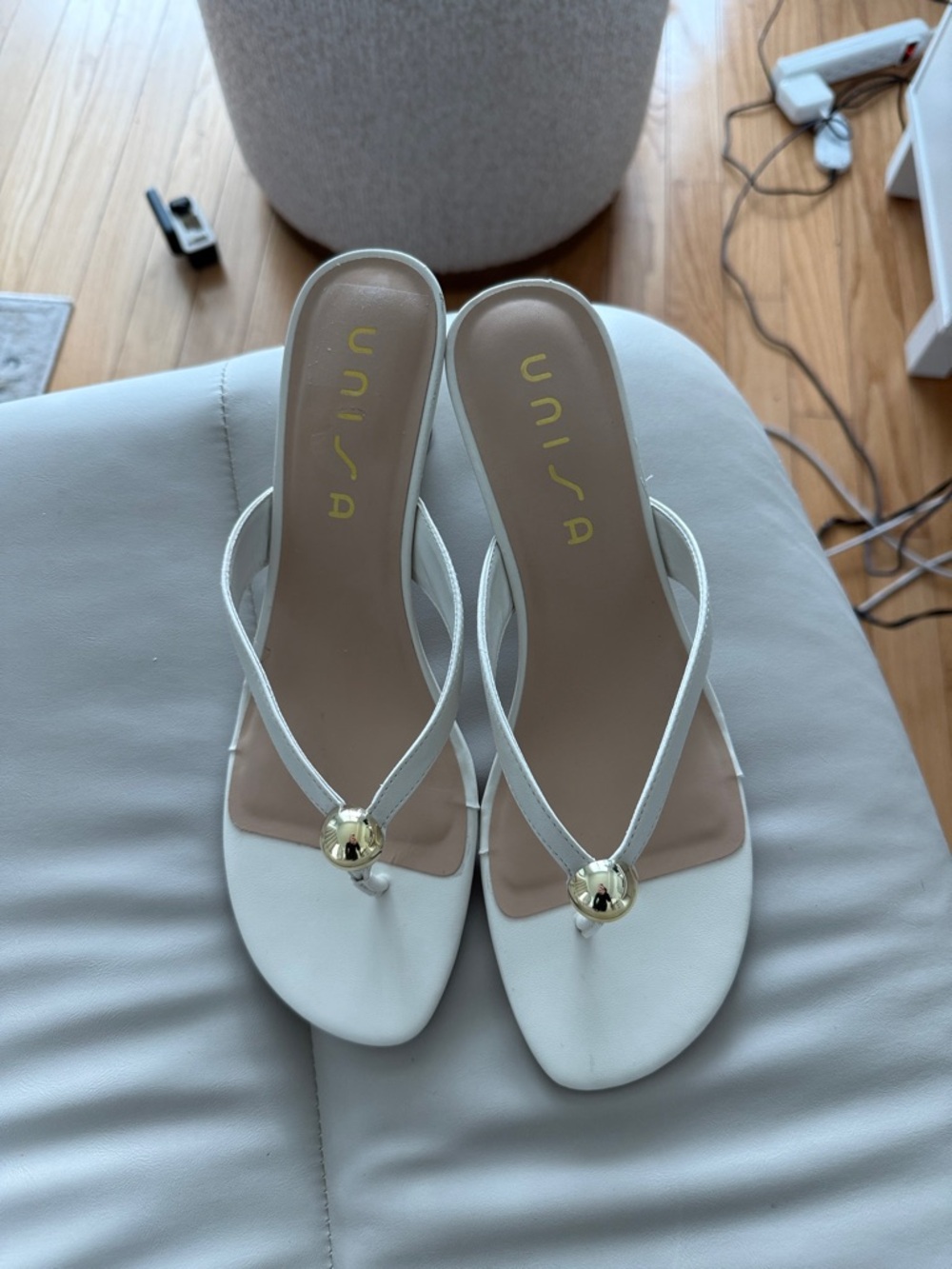 Unisa White Thong Heels with Gold Accent Ball